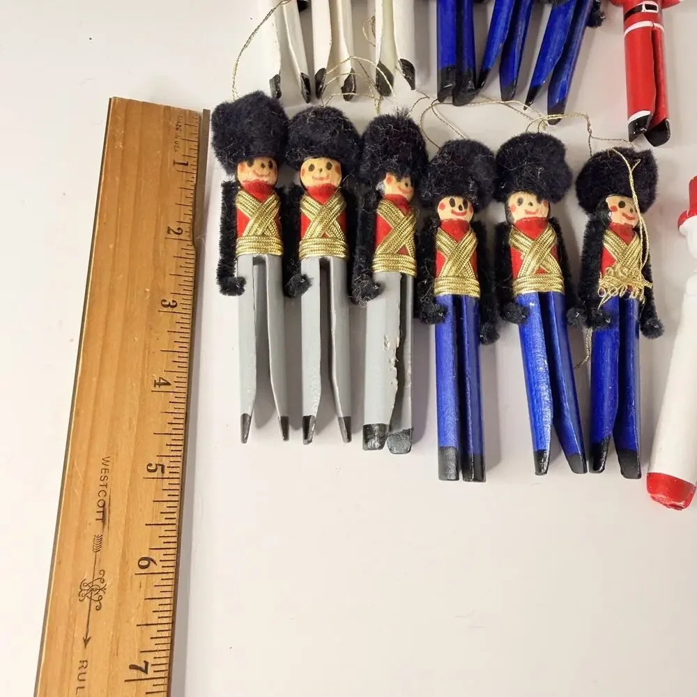 Vtg Handmade Clothes Pin Toy Soldiers Snowman Santa Ornament Lot Of 14 Christmas